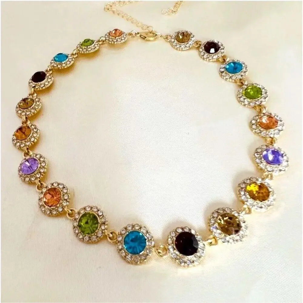 14K Gold Plated Rhinestones Multicolor Necklace Stainless Steel Jewelry Womens